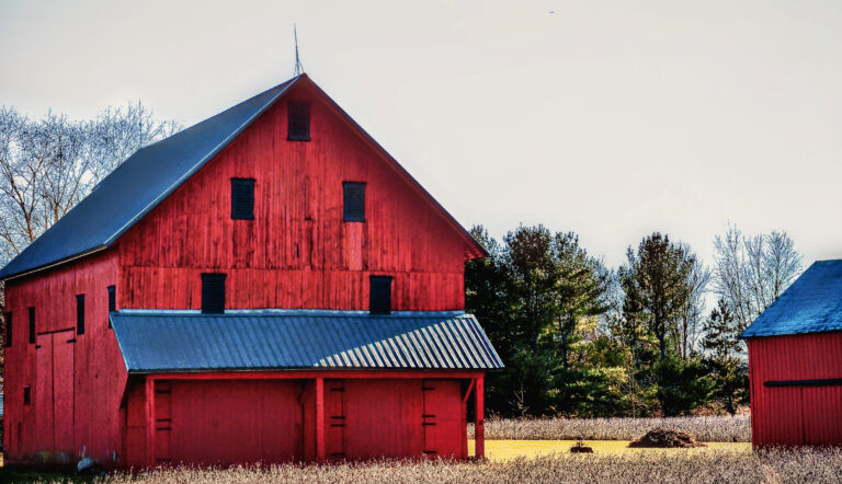 Old Big Red Barn and Work Shed, 2024. by Michael Watz, exhibited at Aurea Photo Gallery.